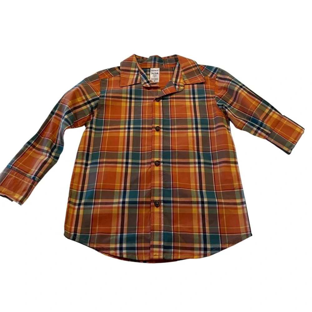 Carter’s Orange Plaid Button Front Shirt 3T Long Sleeve Cotton NWT